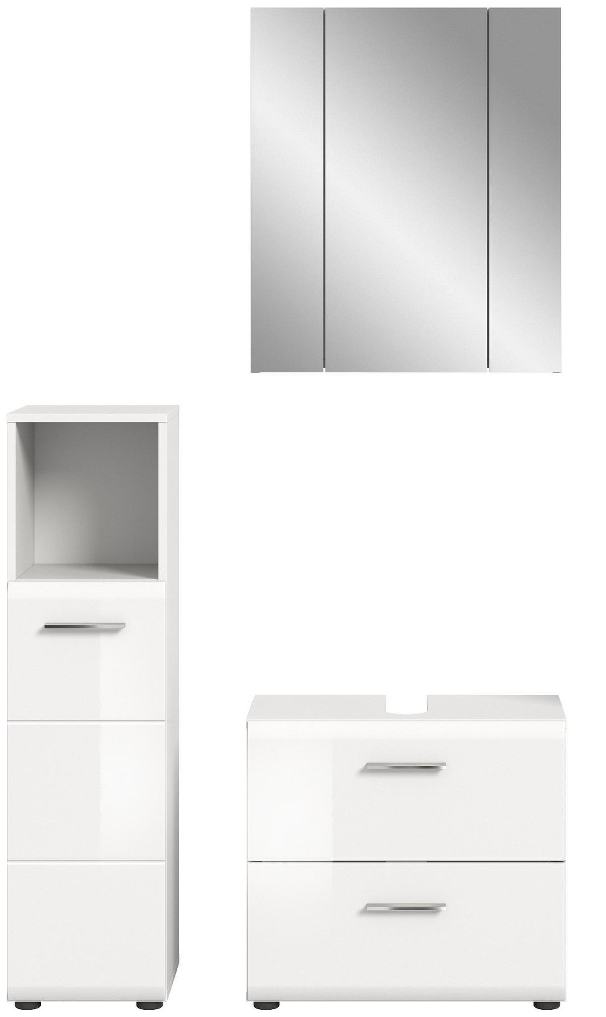 BADMÖBEL-SET 3-teilig weiß Hochglanz, Badkombination mit Spiegelschrank - Weiß Hochglanz/Silberfarben, Glas/Holzwerkstoff (105/185/30cm) - Inn.Furn