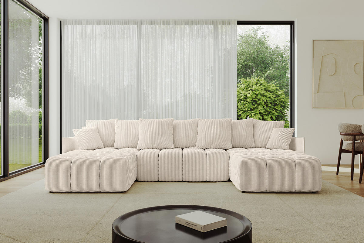 WOHNLANDSCHAFT LONLI-U 355x189x68 Beige Cord - Beige, Holzwerkstoff/Kunststoff (355/68/189cm) - ALTDECOR