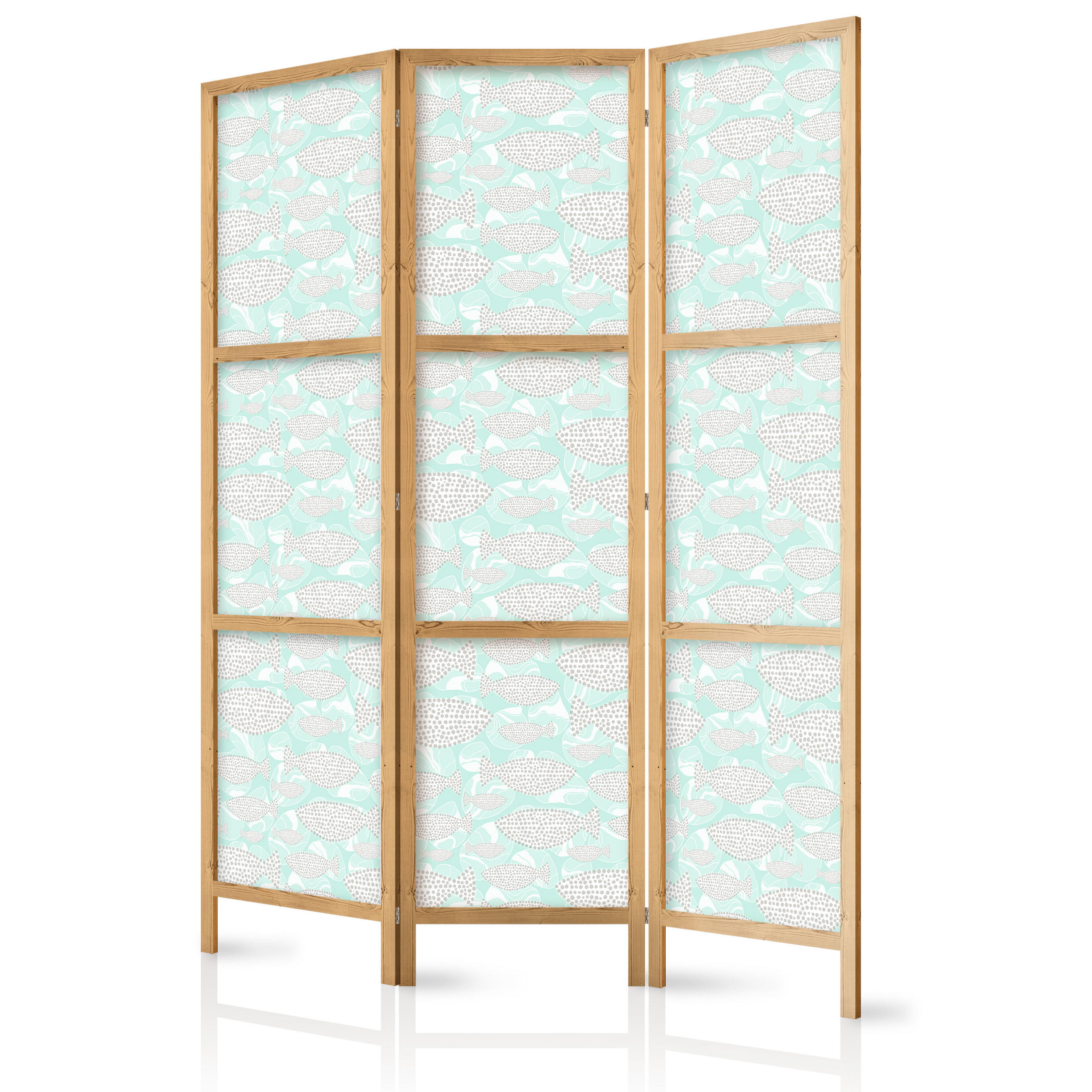 PARAVENT Japanischer 3-tlg 135x172 cm Gepunktete Fische - Grau, Holz/Textil (135/172/3cm) - Muralo