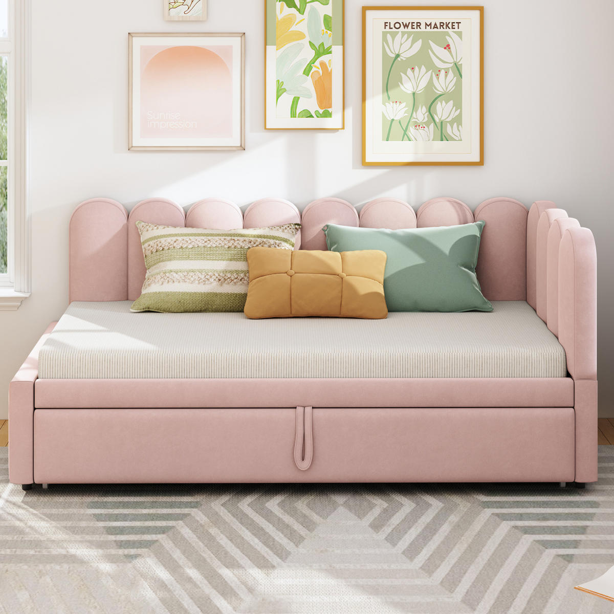 POLSTERBETT 90/200 cm mit Ausziehbett, L-Form und Samtbezug, Rosa - Rosa, Textil (90/200cm) - Redom
