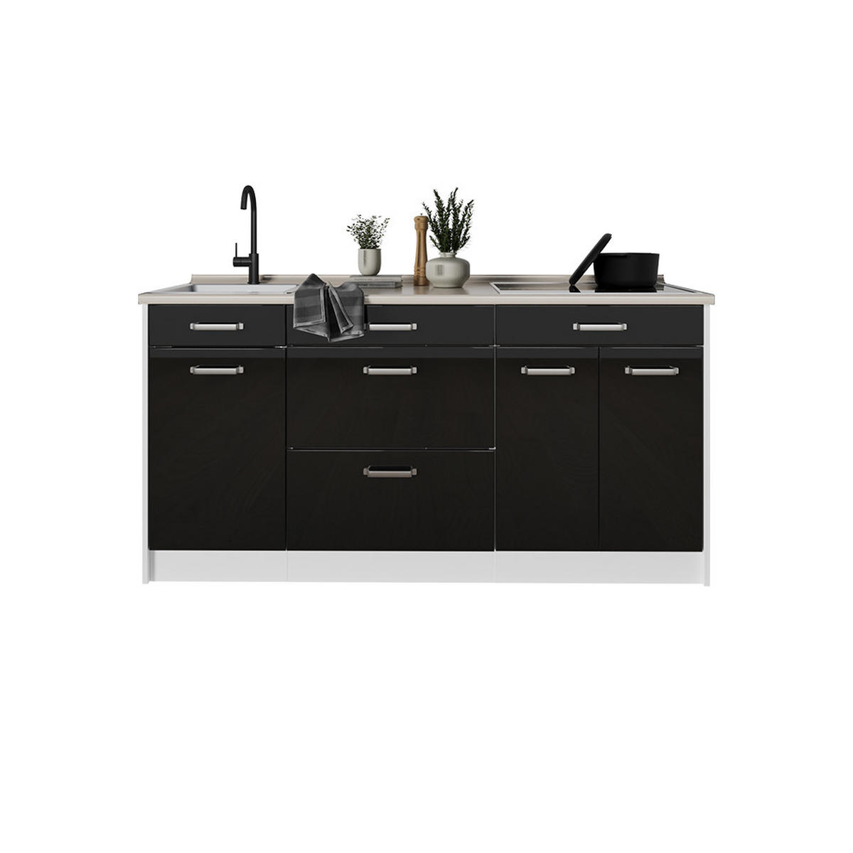 KÜCHENBLOCK R-Line, Schwarz Hochglanz/Weiß, 160 cm Arbeitsplatte Anthrazit - Schwarz Hochglanz/Weiß, Holzwerkstoff (160/81.6/60cm) - Vicco