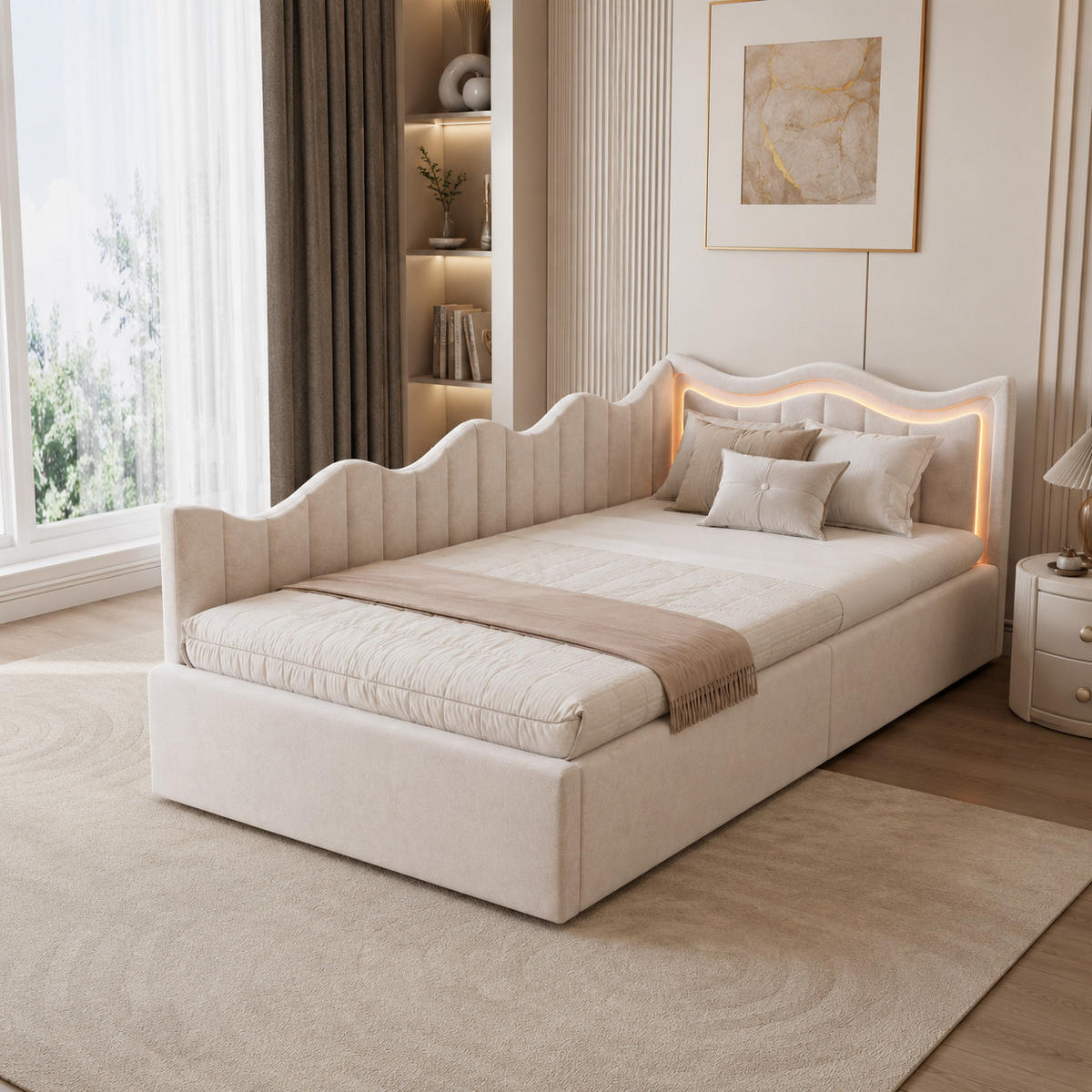 SCHLAFSOFA Samt cremeweiß mit RGB-LED-Beleuchtung, Fernbedienung, großem Stauraum unter der Liegefläche - Beige, Metall (97/75/213cm) - Joyfair