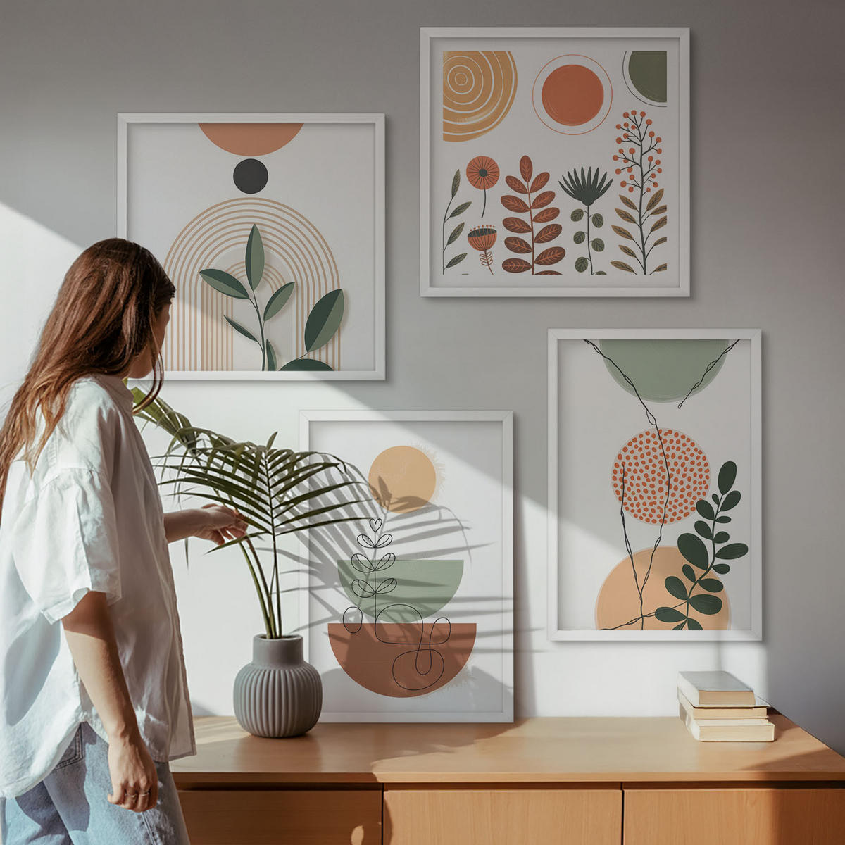 BILDER SET 4er Set - 50x50 cm & 40x60 cm Weißer Rahmen - Abstrakte Pflanzenformen - Weiß, Kunststoff (50/50cm) - TULUP