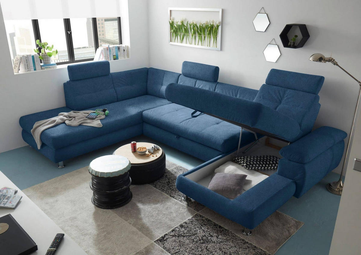 WOHNLANDSCHAFT mit Schlaffunktion, Bettkasten und verstellbaren Arm- und Kopflehnen - Chromfarben/Blau, Textil/Metall (349/88/233cm) - ed exciting design