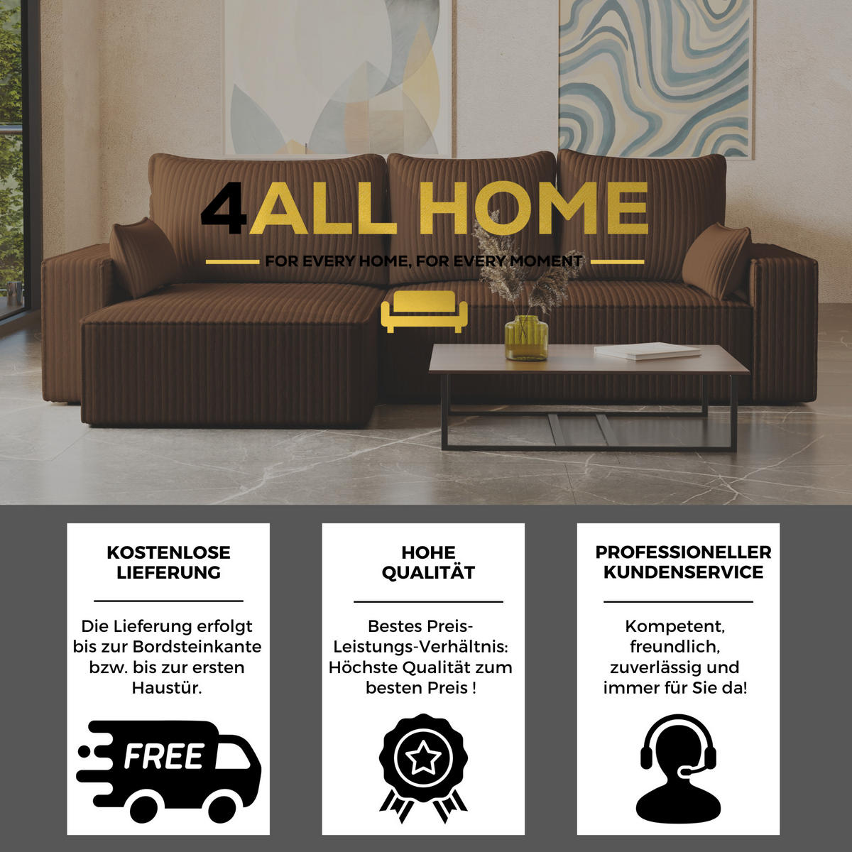 ECKSOFA Tobi mit Bettkasten und Schlaffunktion, L-Form/XL-Form, Cordstoff, Universal - Braun, Holzwerkstoff (276/145cm) - 4ALL HOME