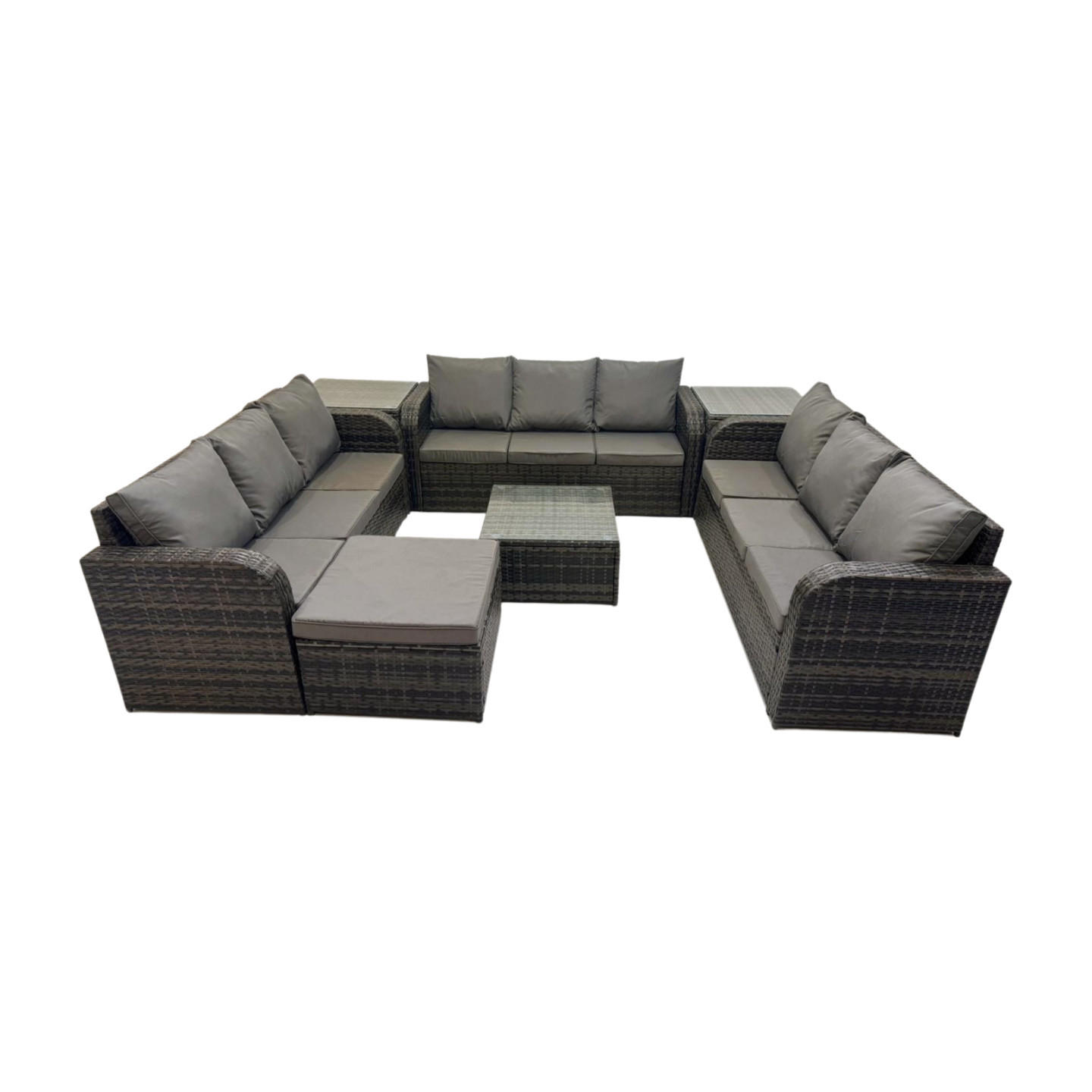 GARTENMÖBELGARNITUR mit KISSEN Polyrattan Dunkelgrau 10-Sitzer - Dunkelgrau/Grau, Glas/Kunststoff - Fimous
