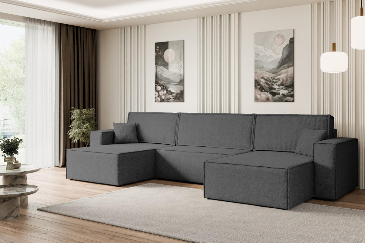 WOHNLANDSCHAFT mit Schlaffunktion und Bettkasten CELTIC-XLU - 377x143x83 cm Grau Bouclé - Schwarz/Grau, Holzwerkstoff/Kunststoff (377/83/143cm) - ALTDECOR