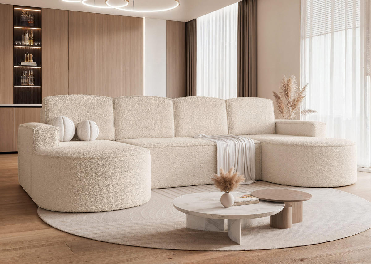 WOHNLANDSCHAFT U-Form mit Schlaffunktion, Beige - Sandfarben, Textil (316/88/157cm) - Idohome