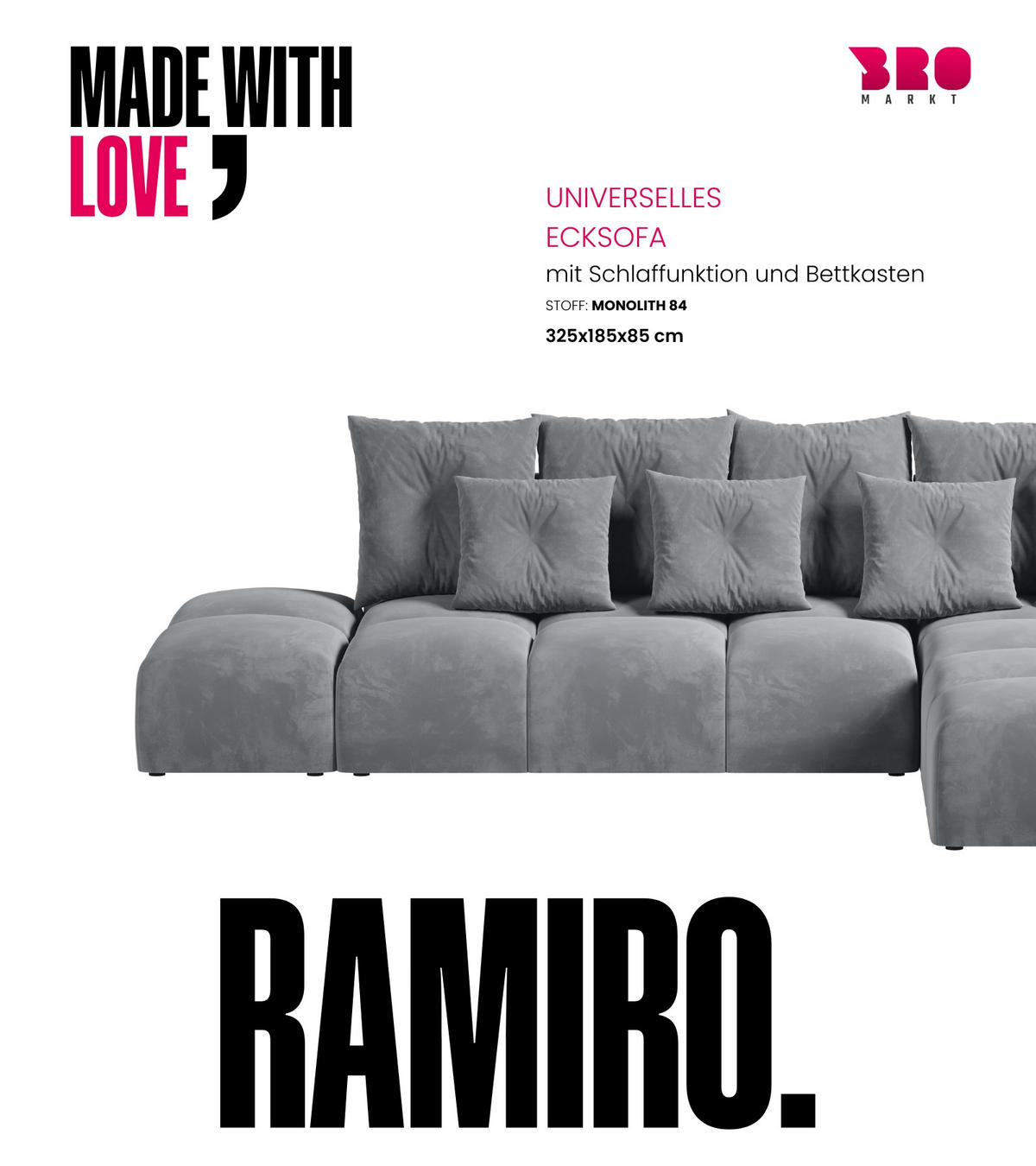 ECKSOFA mit Schlaffunktion RAMIRO Hellgrau - Grau, Textil (325/185cm)