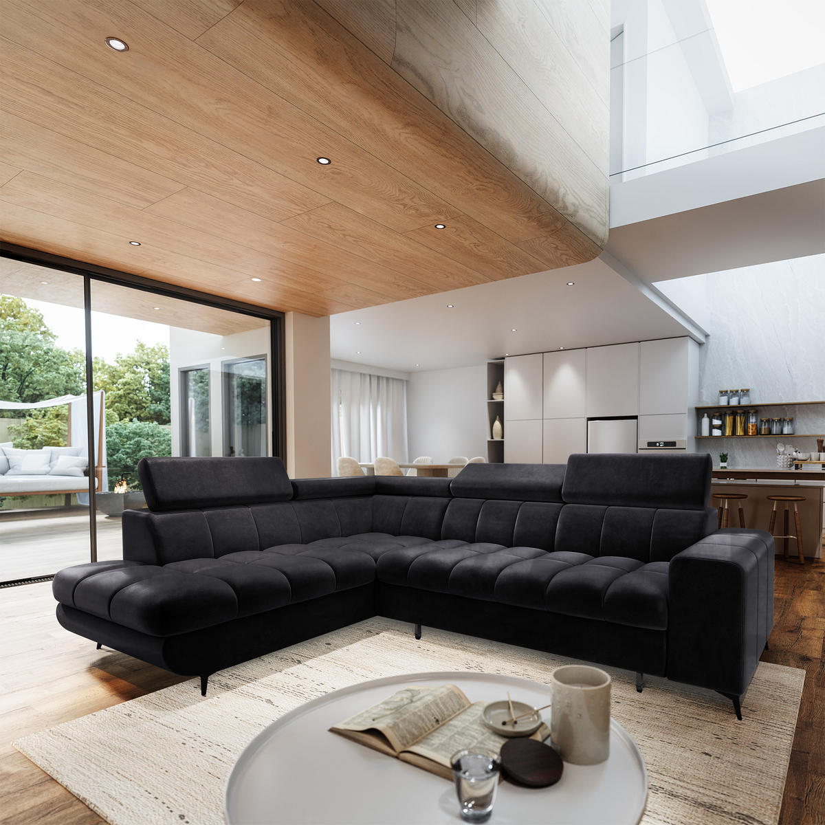 ECKSOFA MORIVA L-S Schwarz Velours-Stoff mit Schlaffunktion - Schwarz, Holz (253/190cm) - MASSENO