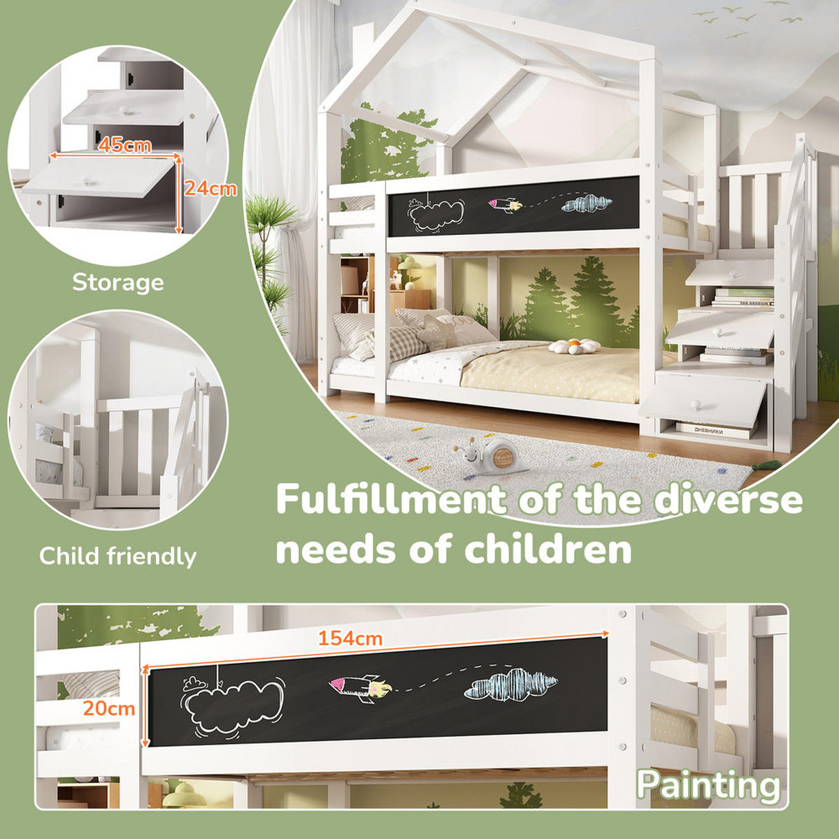 ETAGENBETT BAUMHAUS 90x200cm mit Schornstein Tafel & Rausfallschutz Weiß - Weiß, Holz (90/200cm) - FLIEKS