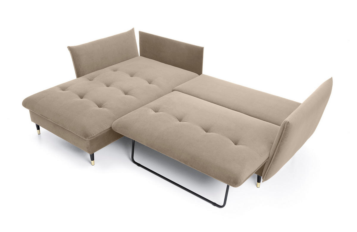 ECKSOFA GLAM mit Schlaffunktion, Ottomane & goldenen Füßen – Samtsofa im Glamour-Stil mit Zierkissen, 258x167x91cm, Linke, BEIGE - Beige, Holz/Textil (167/258cm) - DomoHome