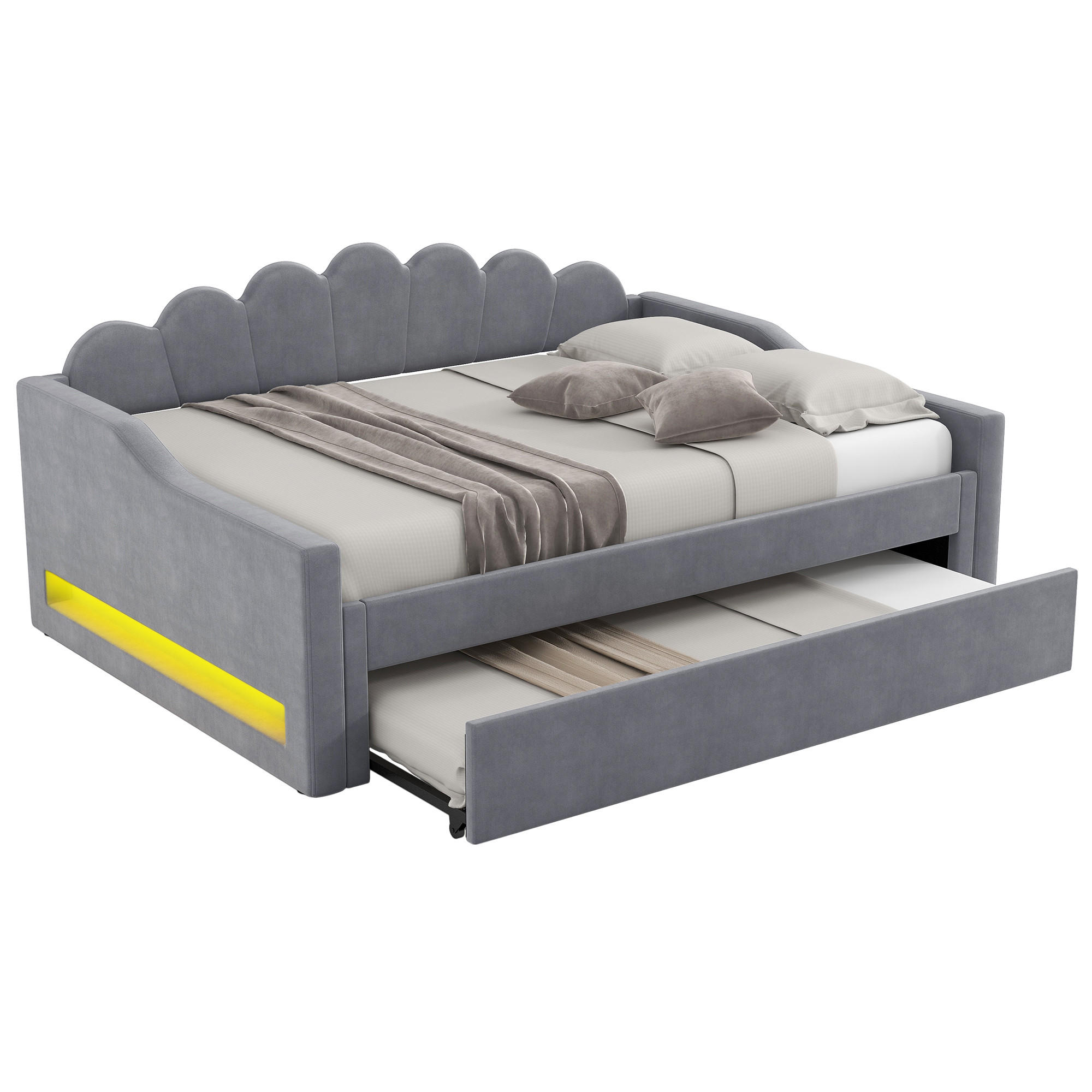 POLSTERBETT 140/200 cm Grau mit LED-Beleuchtung und Ausziehbett - Grau, Holzwerkstoff (140/200cm) - OKWISH