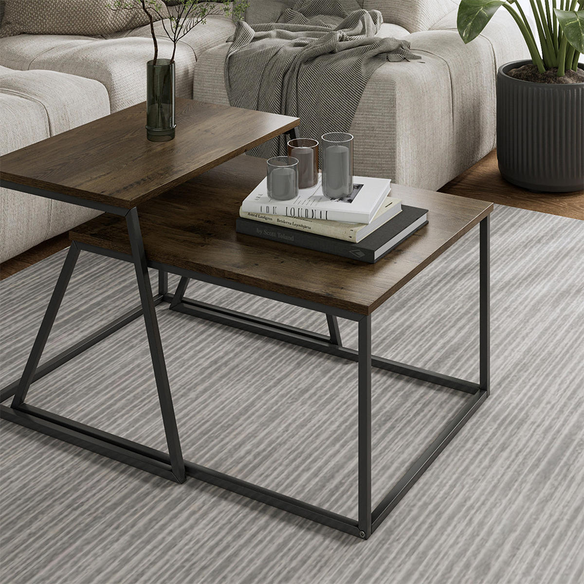 COUCHTISCH-SET Myra Eiche rustikal/Schwarz 60 x 50 cm 2 Teile - Wildeiche, Holzwerkstoff (50/60/38cm) - Vicco