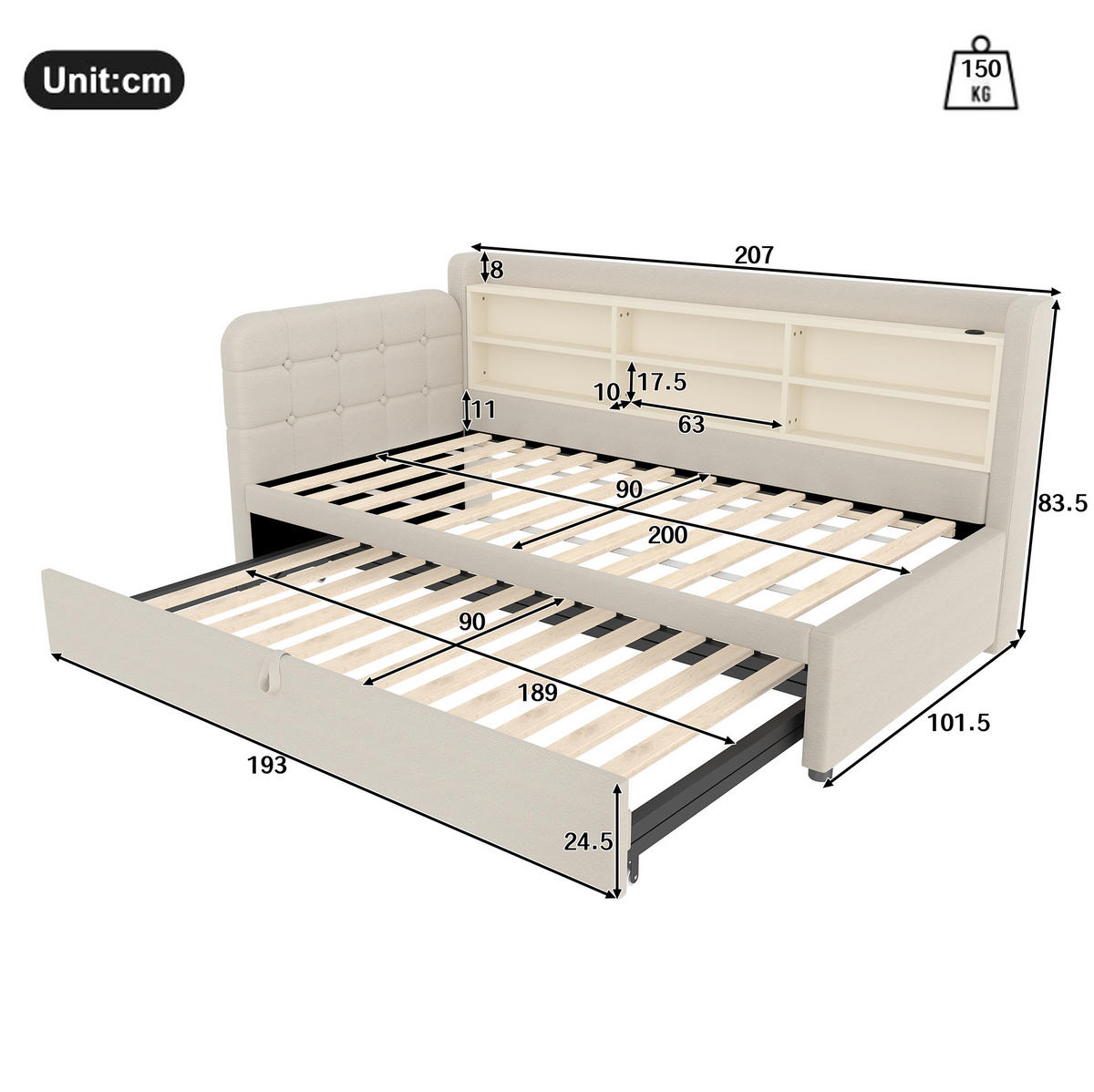 POLSTERBETT aus Leinen 90x200 cm in Beige mit Ausziehbett, USB & Typ-C - Beige, Textil (90/200cm) - Modfu