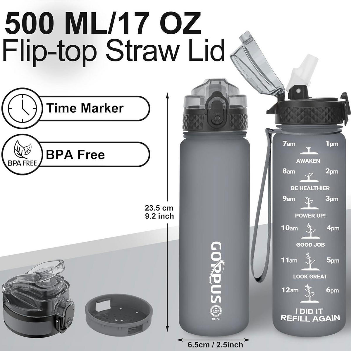 TRINKFLASCHE 500 ml BPA-frei mit Strohhalm und Trageriemen Grau - Grau, Kunststoff (6.5/23.5cm)