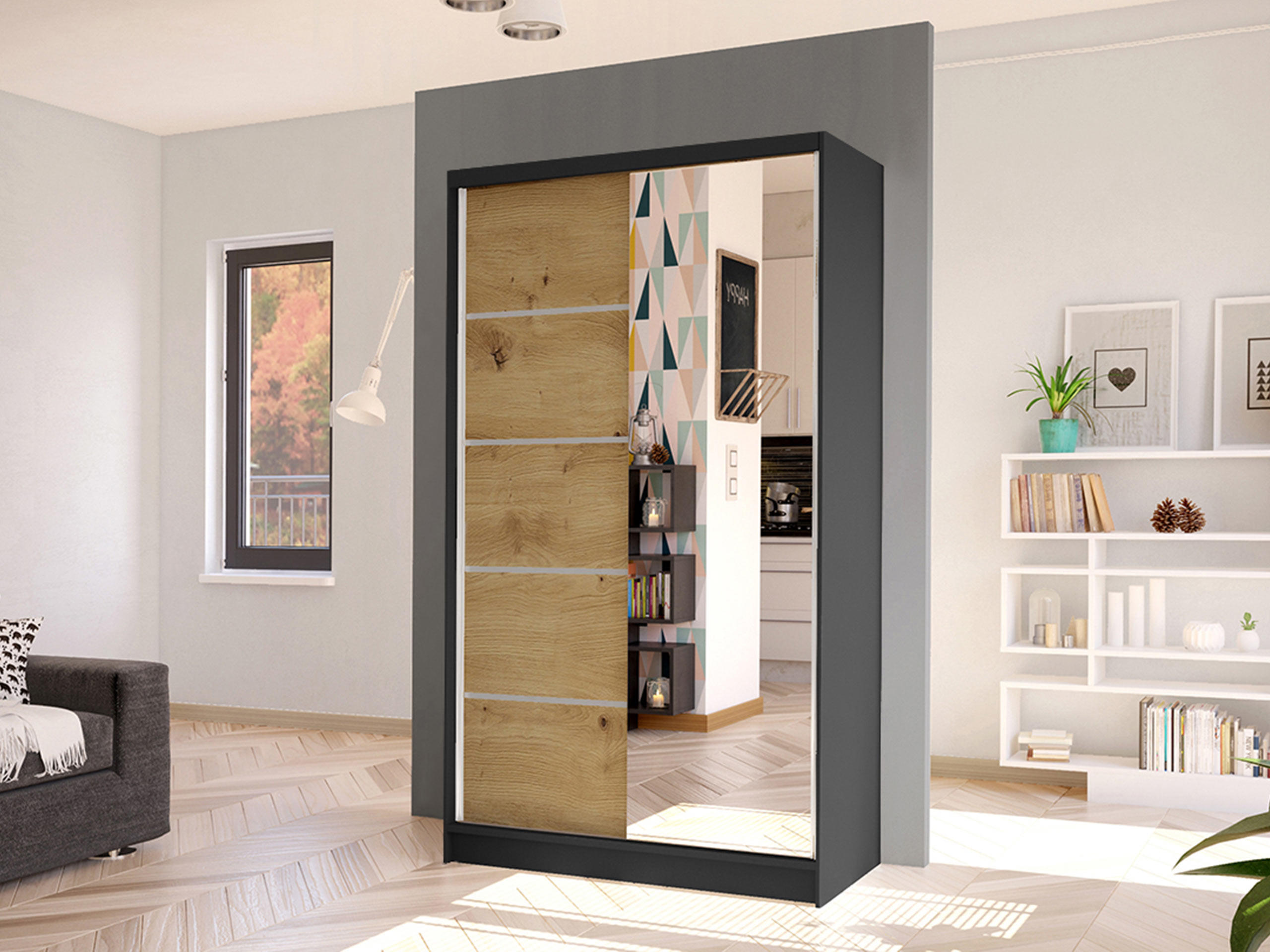 SCHWEBETÜRENSCHRANK Diego III - Schwarz/Eiche Artisan, Holzwerkstoff/Metall (100/200/58cm) - MIRJAN24
