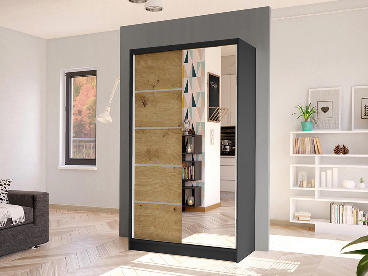 SCHWEBETÜRENSCHRANK Diego III - Schwarz/Eiche Artisan, Holzwerkstoff/Metall (100/200/58cm) - MIRJAN24