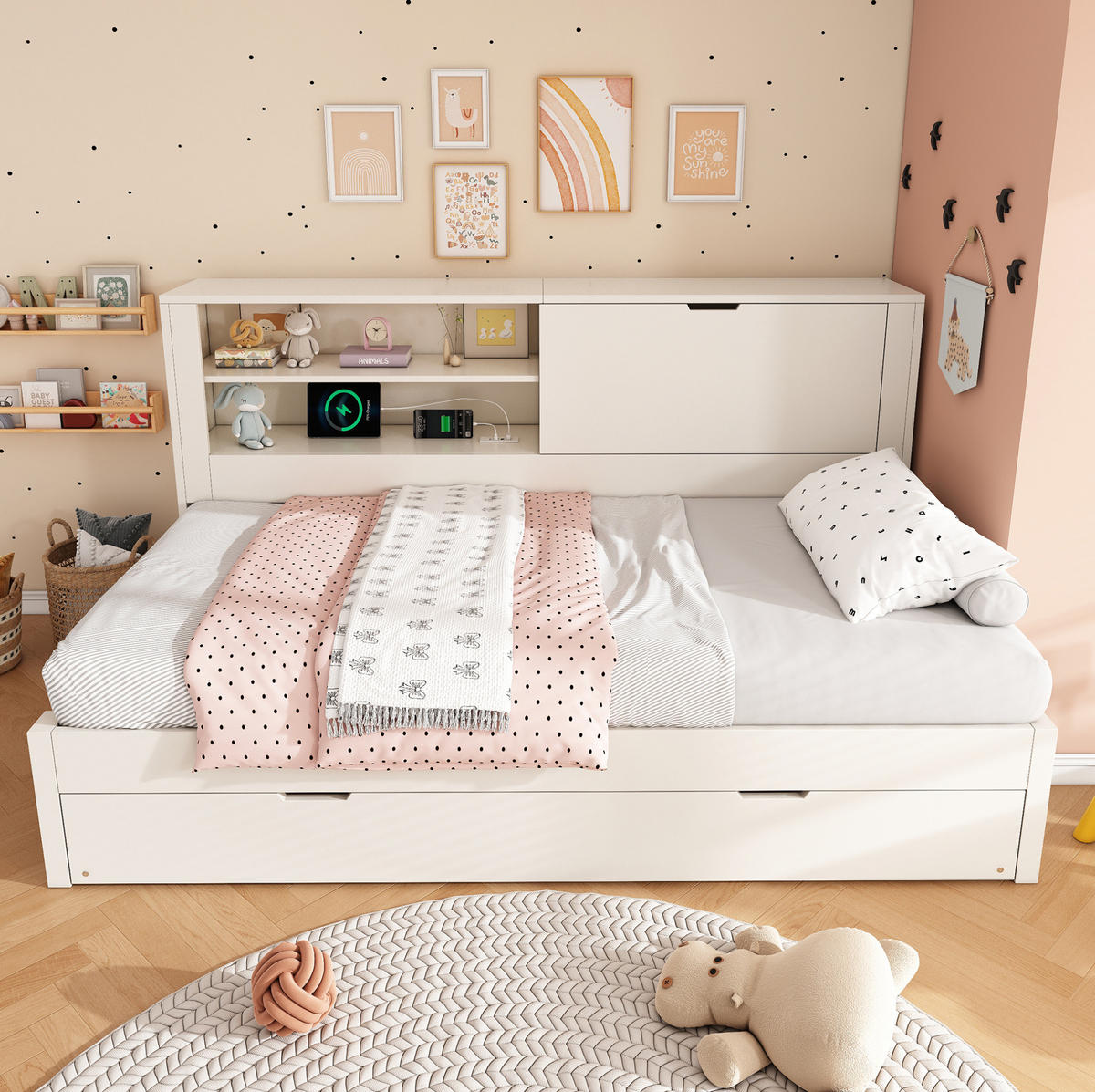 POLSTERBETT 90/200 cm Weiß aus Holz mit Ausziehbett - Weiß, Textil (90/200cm) - OKMYHOME