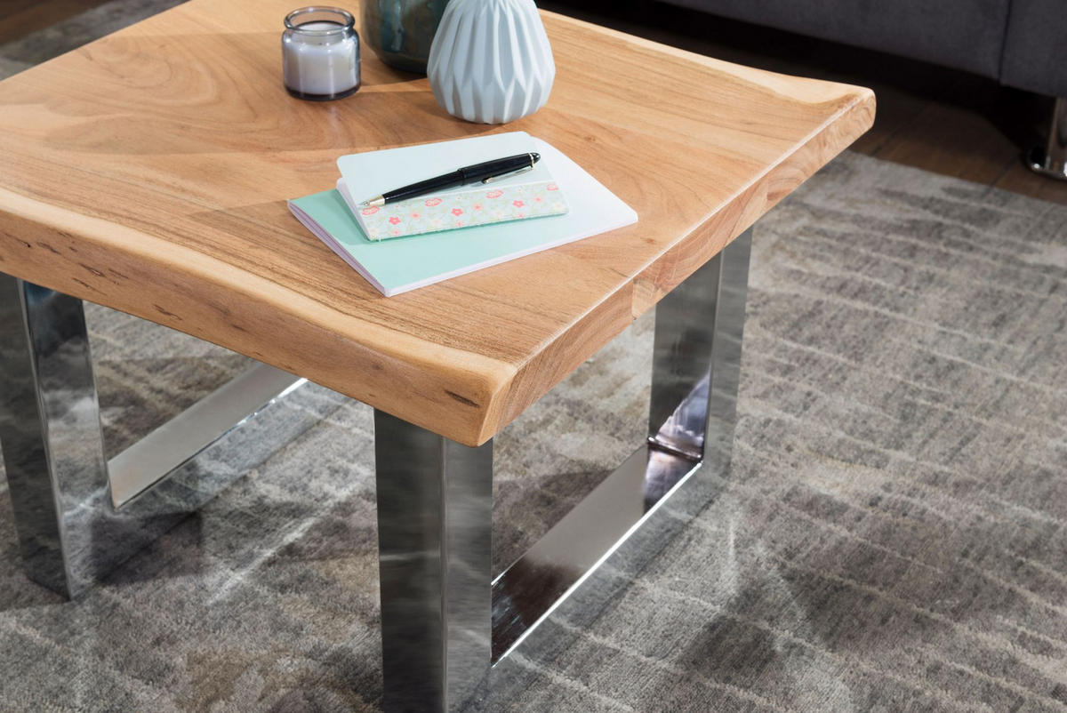COUCHTISCH aus Massivholz in Braun, Landhaus-Stil mit Baumkanten und Metallbeinen, Maße 58x40x60 cm - Beige/Silberfarben, Holz/Metall (58/60/40cm) - KADIMA DESIGN