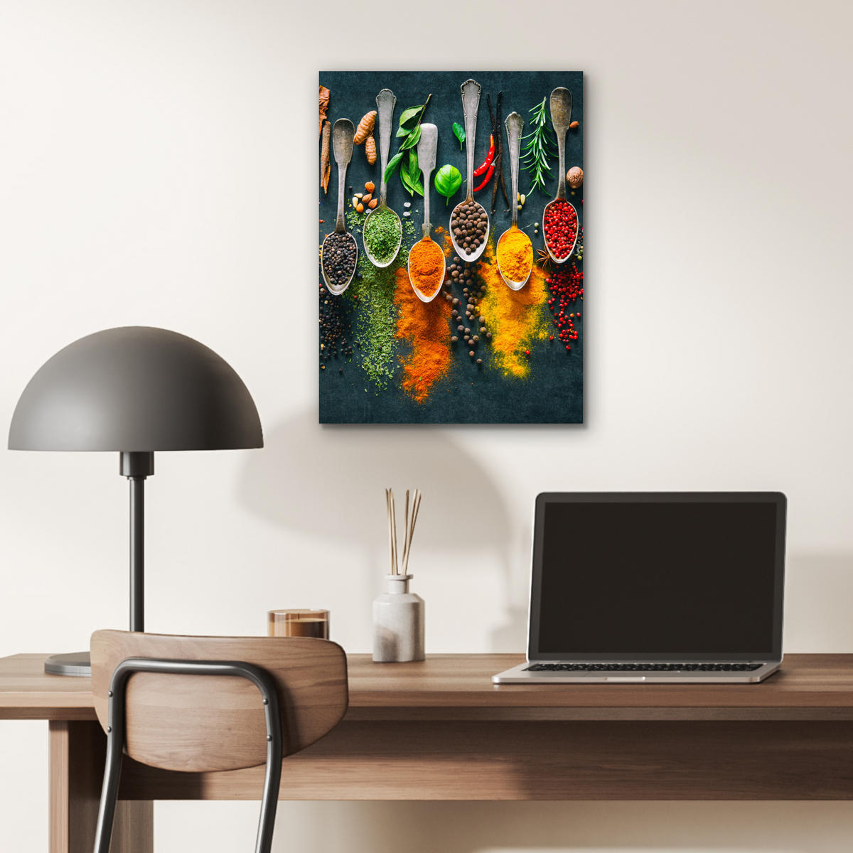 KOVOVÝ OBRAZ Bylinky - korenie - lyžičky 30x40 cm - kari žltá, kov (30/40cm) - MuchoWow