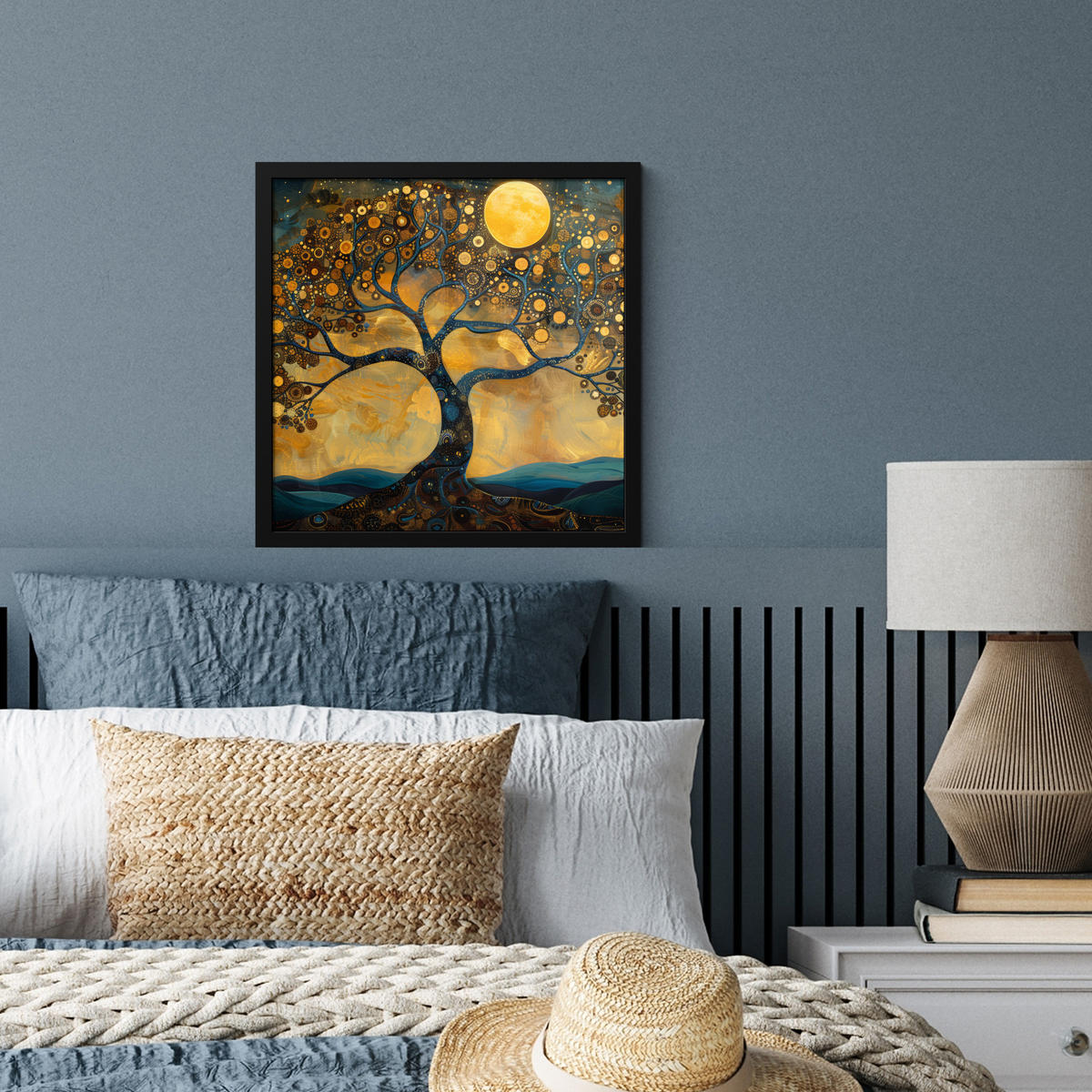 POSTER MIT RAHMENGERAHMTES BILD Baum - Mond - Blumen - Gold - Kunst 40x40 cm - Orange, Papier (40/40cm) - MuchoWow