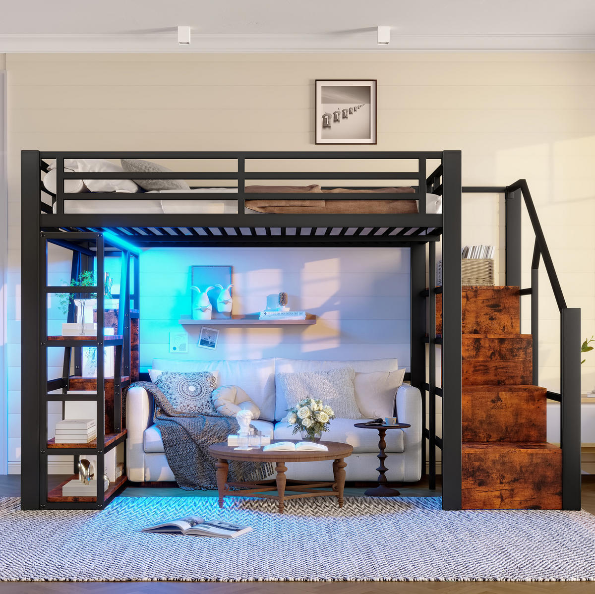 HOCHBETT 140/200 cm, Schwarz mit LED-Lichtleiste, ohne Matratze - Schwarz, Metall (140/200cm) - MIVRAY