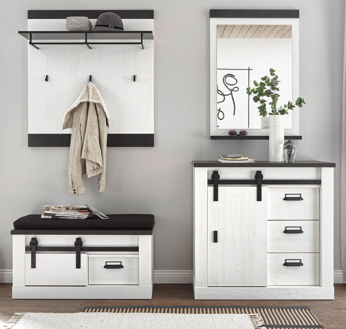 GARDEROBEN-SET 5-teilig weiß Pinie, anthrazit Landhaus, Garderobenkombination 206 cm - Anthrazit/Weiß, Holzwerkstoff/Metall (206/200/43cm) - Furn.Design