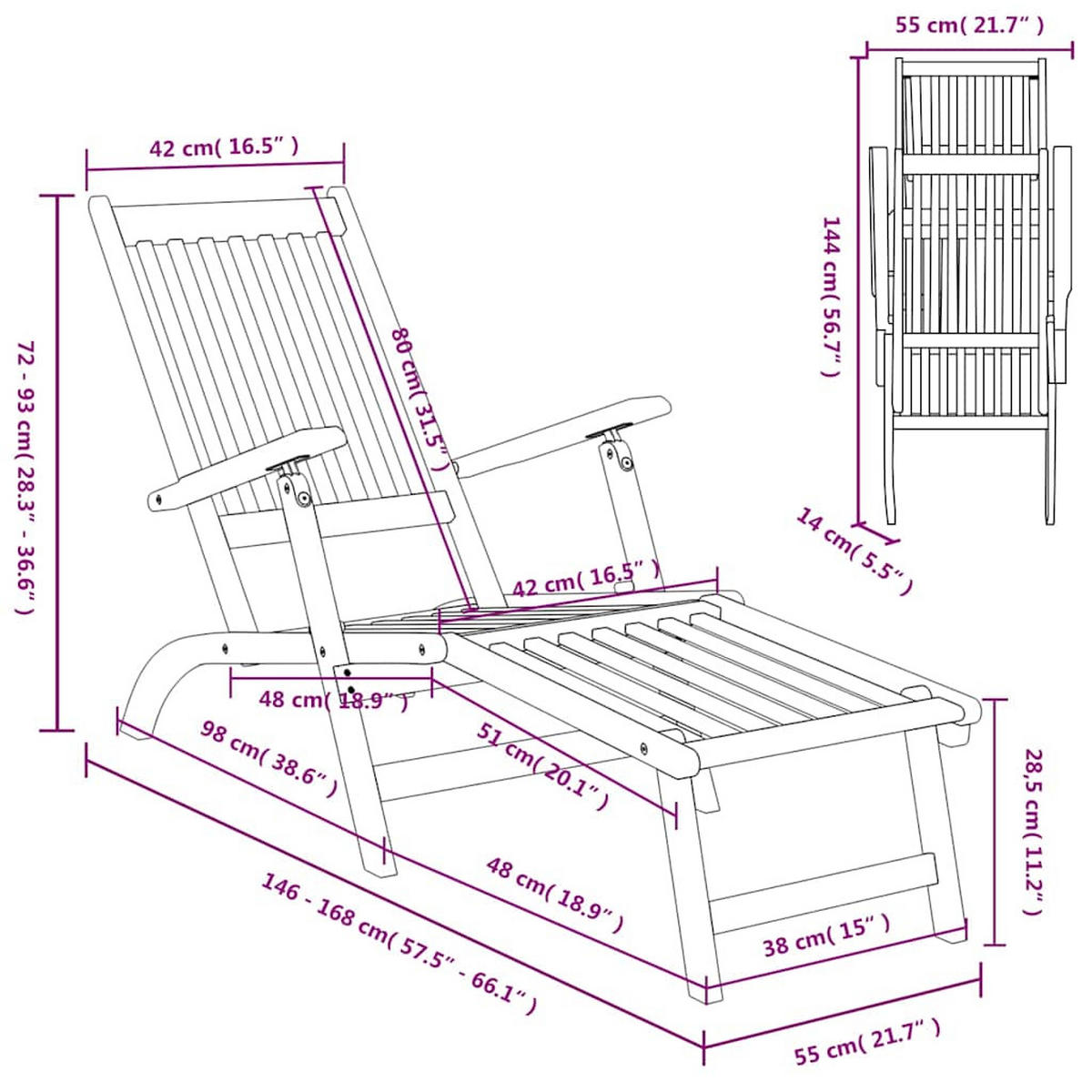 GARTENLIEGEN Mit Fussteil 2er set Massivholz Akazie - Braun, Holz (55/72/168cm) - vidaXL