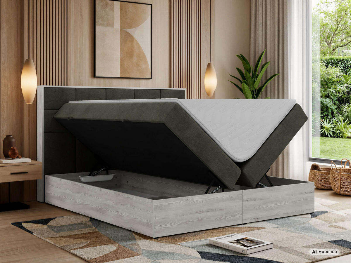 BOXSPRINGOVÁ POSTEĽ ALNOR 200/200 Tmavosivá Samet - Topper T25 - H3 (stredne tvrdý) - čierna/antracitová, textil/plast (200/200cm) - MKS