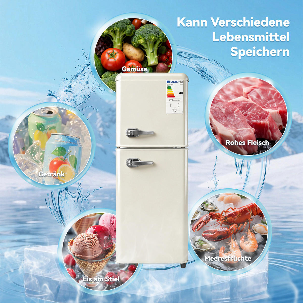 KÜHL-GEFRIER-KOMBINATION 112 l, 72 l Kühlvolumen, 40 l Gefriervolumen, Energieeffizienzklasse E, Cremeweiß - Creme, Metall (48.5/68/41cm) - FOHERE