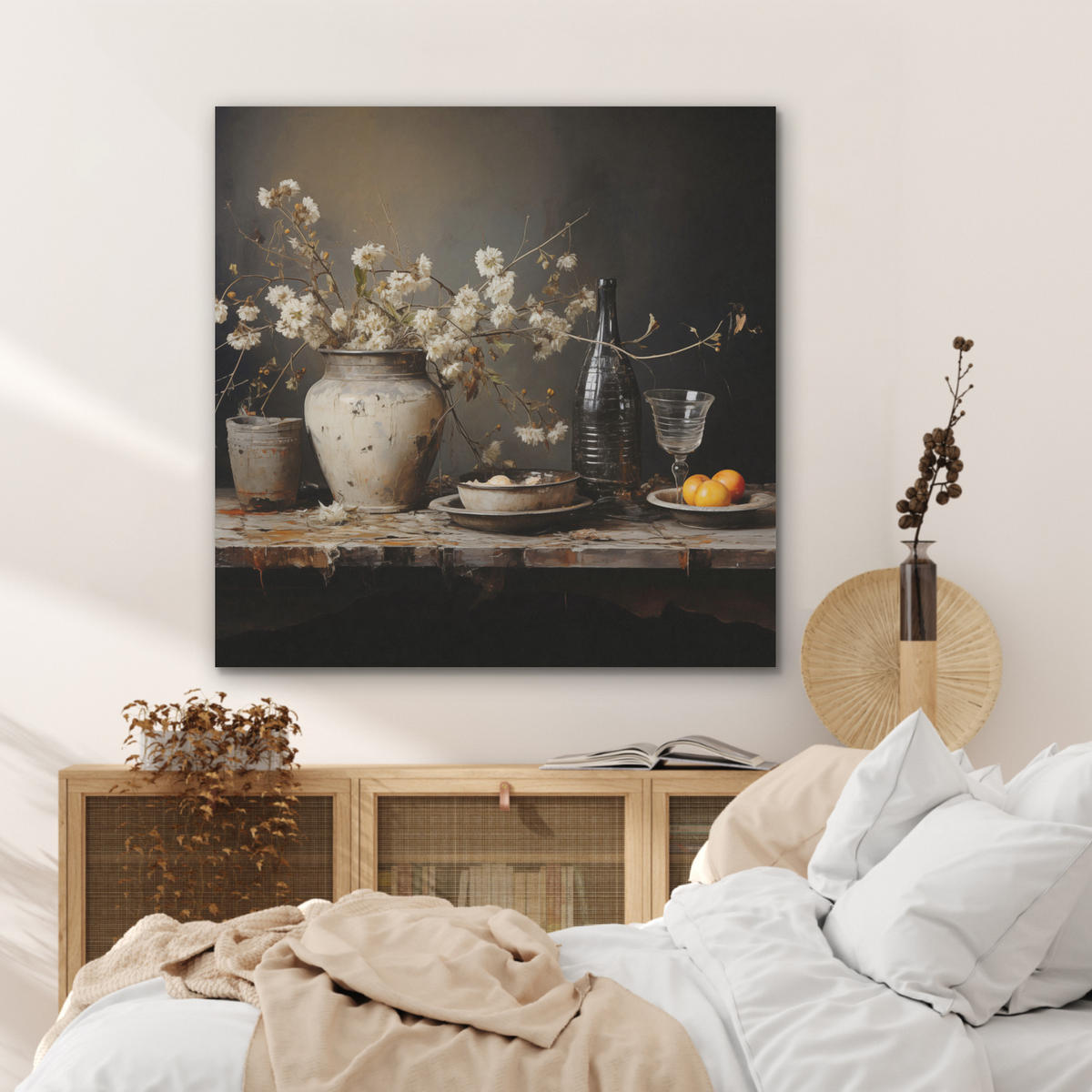 AKUSTIKPANEEL Stilleben - Blumen - Blumenstrauß - Vase - Wein 90x90 cm - Schwarz, Textil (90/0.9/90cm) - MuchoWow