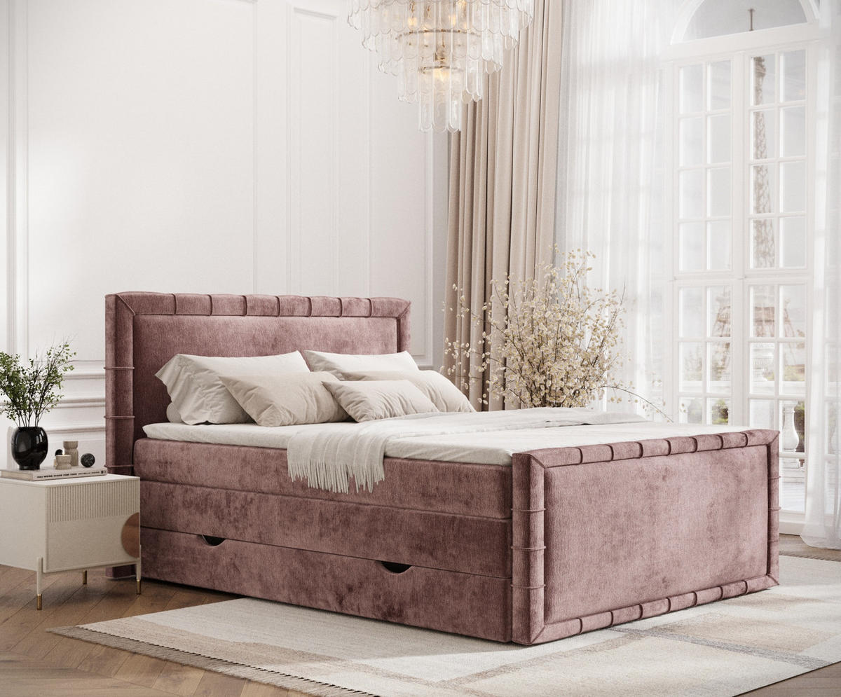 BOXBETT Estelle Rosa 200/200 cm im Chenille-Stoff - Pink/Schwarz, Holz/Holzwerkstoff (200/200cm) - Maison de Reve