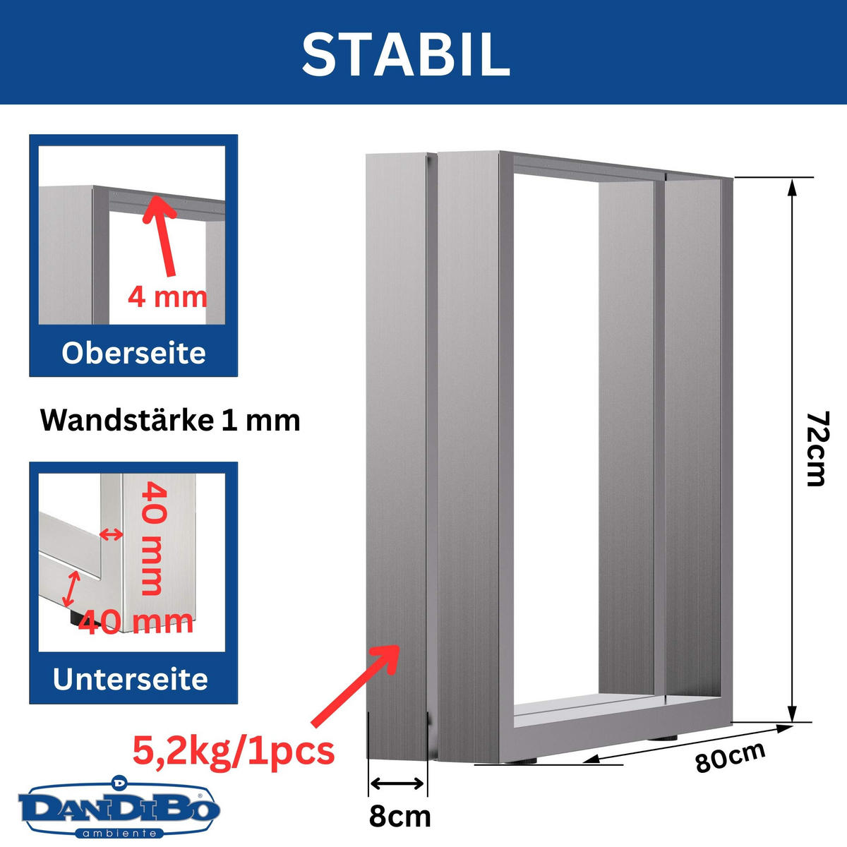 TISCHBEINE 2x Edelstahl 72 x 80 cm Tischgestell Höhenverstellbar Tischfüße - Edelstahlfarben, Metall (80/72/8cm) - DanDiBo