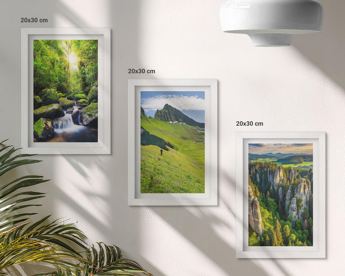BILDER SET 3er Set - 20x30 cm Weißer Rahmen - Grüne Berge Wasserfallwald - Weiß, Kunststoff (20/30cm) - TULUP