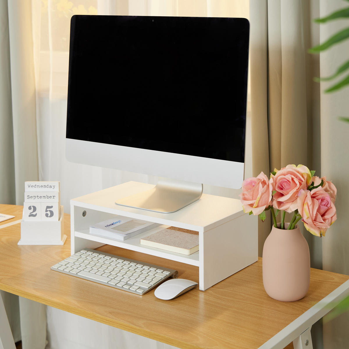 MONITORSTÄNDER Weiß mit Fach - Weiß, Holzwerkstoff (23.5/40/14cm) - Relaxdays
