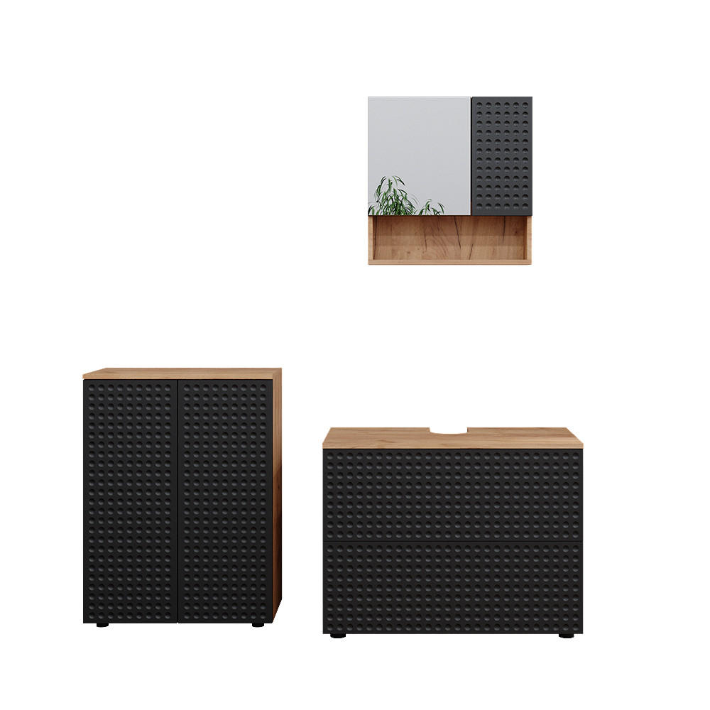 BADMÖBEL-SET Irma Anthrazit gepunktet 3 Teile, mit Unterschrank 80 cm - Anthrazit/Eiche Wotan, Holzwerkstoff (80/58/41cm) - Vicco