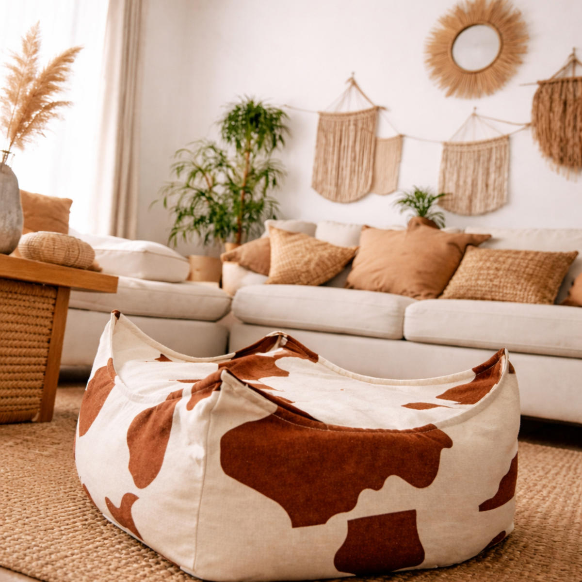 KINDER Sitzpouf Kuhmuster quadratisch – weiches Bodenkissen fürs Kinderzimmer - Creme/Braun, Textil (60/35/60cm) - Bees & Blooms