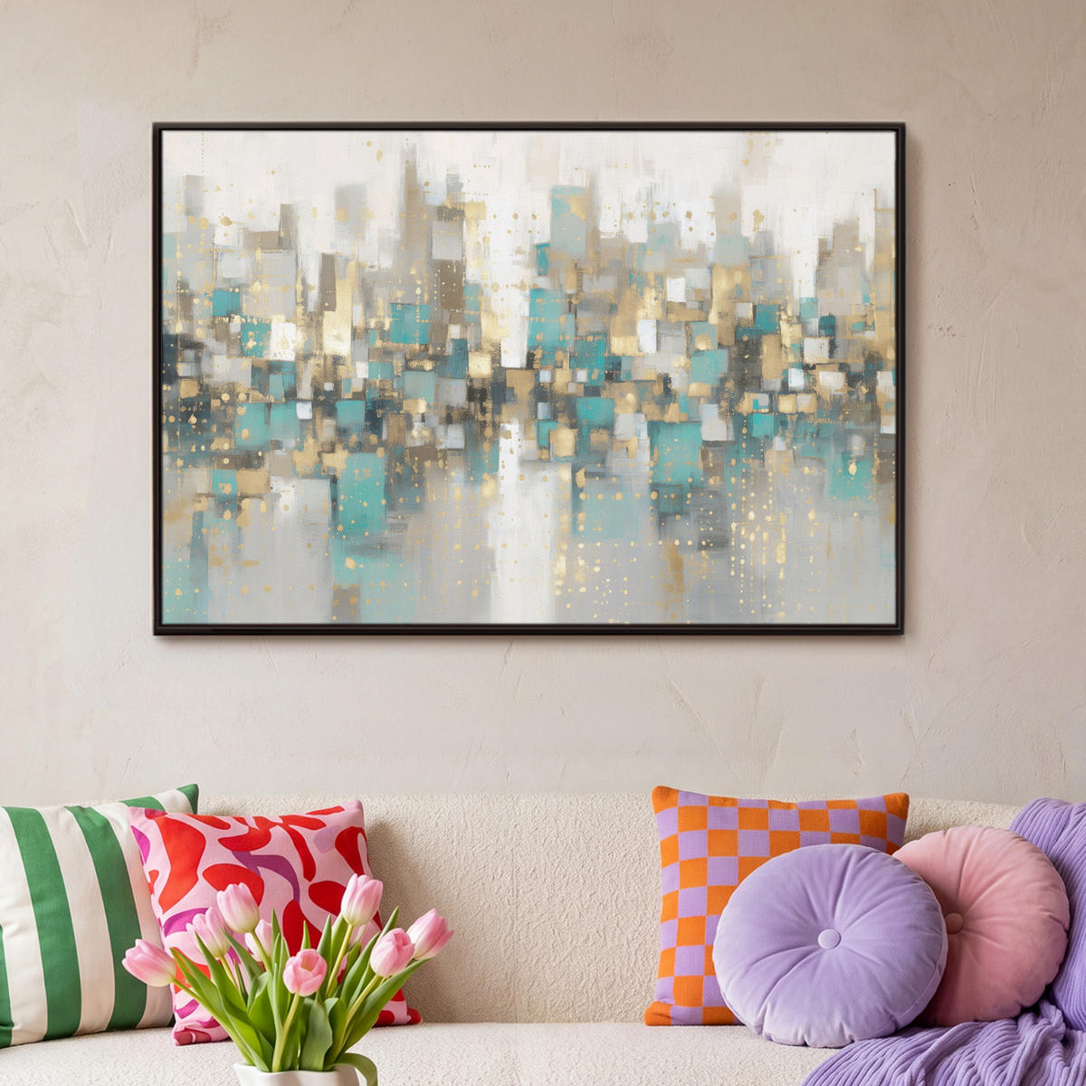 LEINWAND Bilder mit Rahmen - Abstrakt - Blöcke - Gold - Skyline - 90x60 - Beige, Textil (90/60cm) - MuchoWow