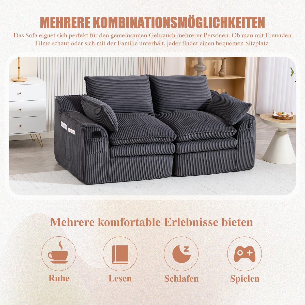 2-SITZER SOFA cordstoff mit seitentaschen & federkern - Dunkelgrau, Textil (191/85/94cm) - Urban Meuble