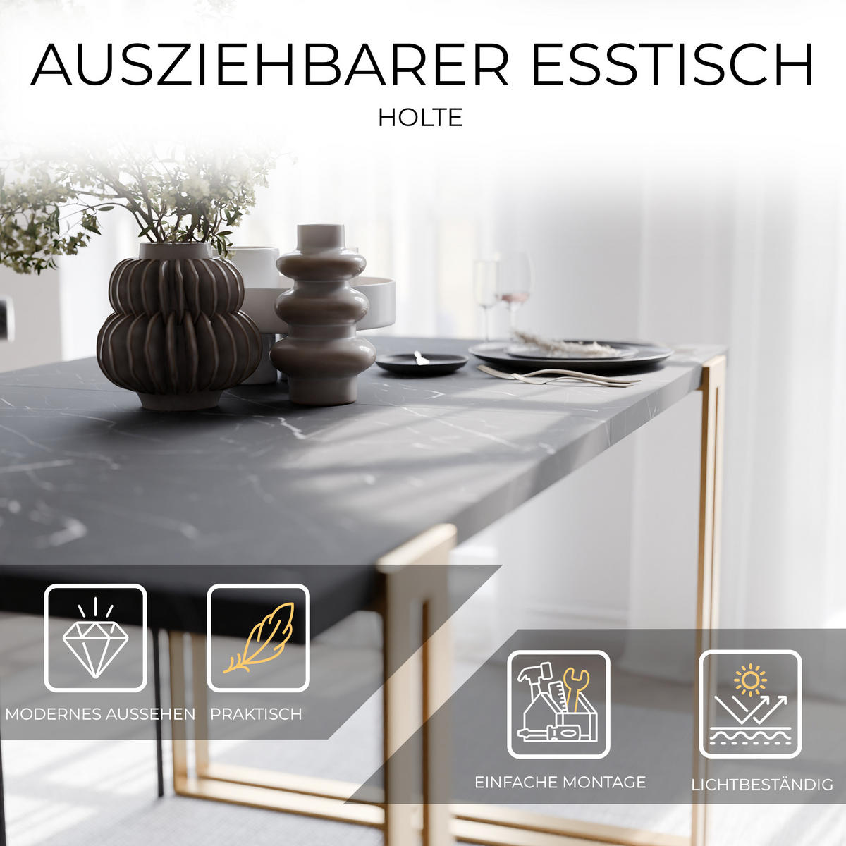 TISCH ausziehbar aus MDF, Schwarz - Goldfarben/Schwarz, Holzwerkstoff (160/80/76cm) - Idohome