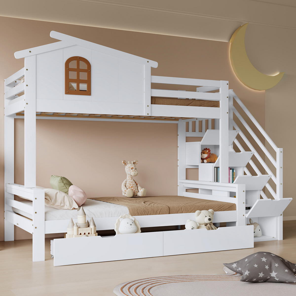 ETAGENBETT Kinderbett Weiß+Natur 90x200 cm & 120x200 cm mit Schubladen - Naturfarben, Holz (90/200cm) - ComfortXL