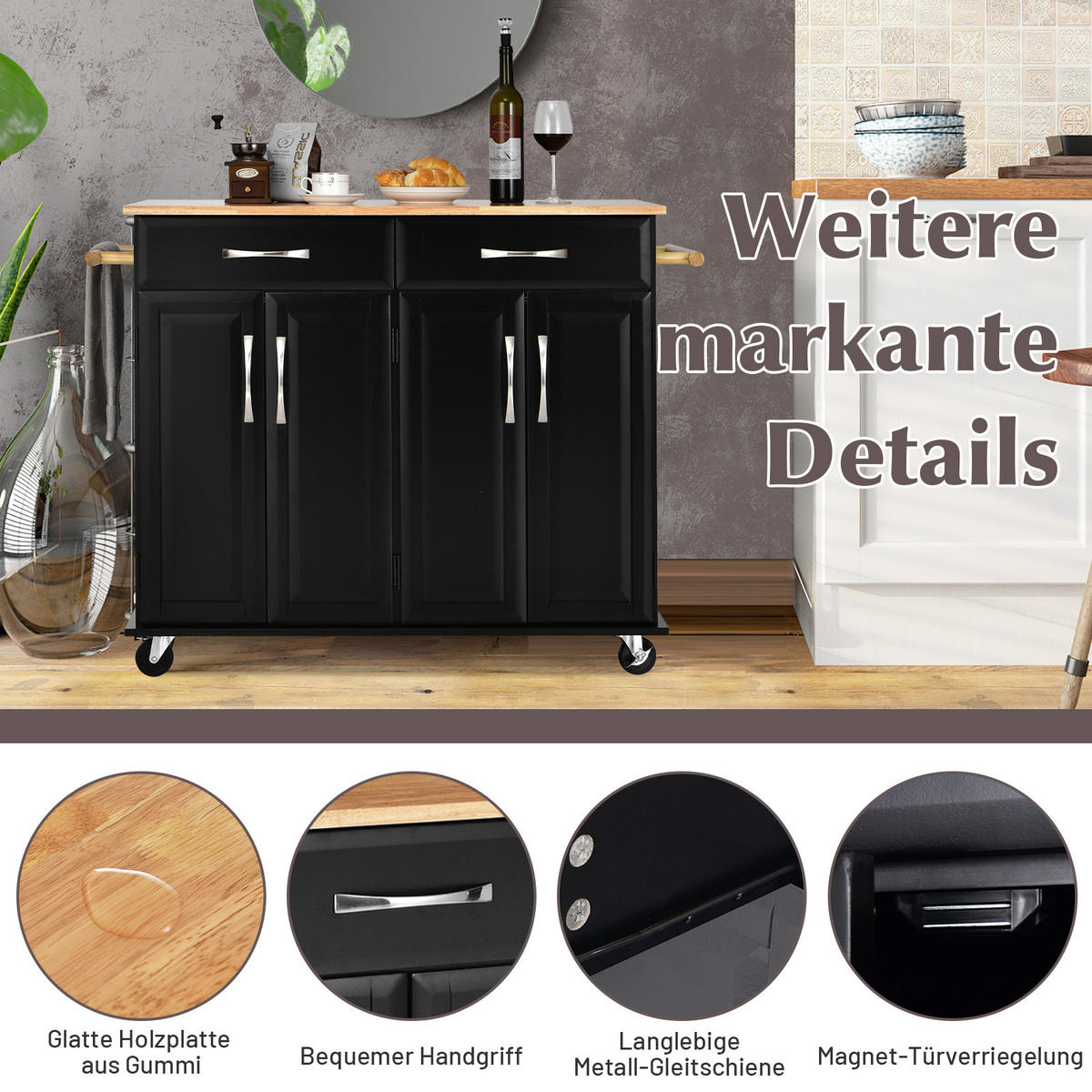KÜCHENINSEL KücServierwagen rollbar Schwarz - Schwarz, Holz (48/93/122cm) - COSTWAY
