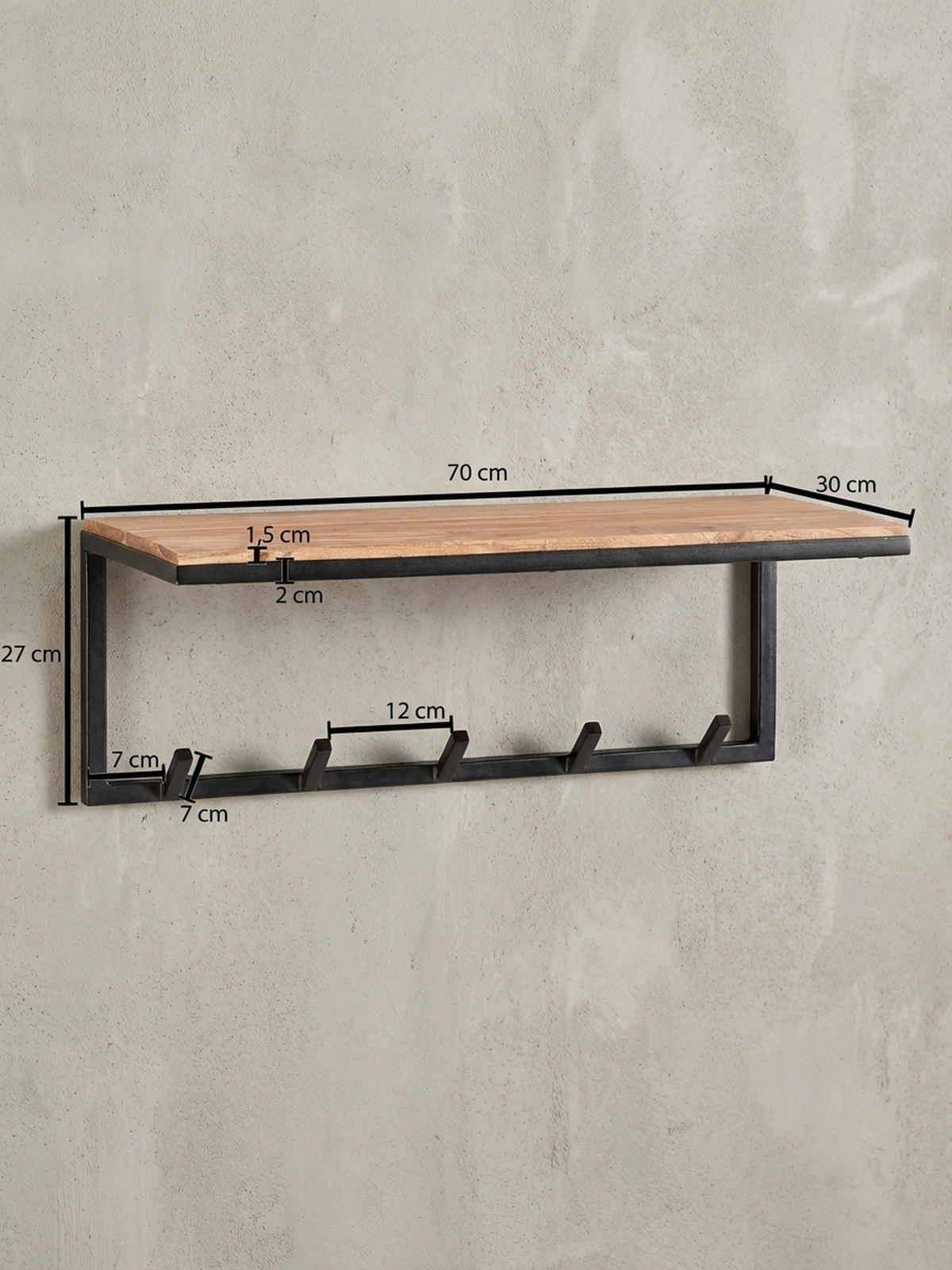 WANDGARDEROBE Akazie Massivholz Metall Modern 70x27x30 cm mit Hakenleiste und Ablage - Beige, Holz/Metall (70/27/30cm) - KADIMA DESIGN