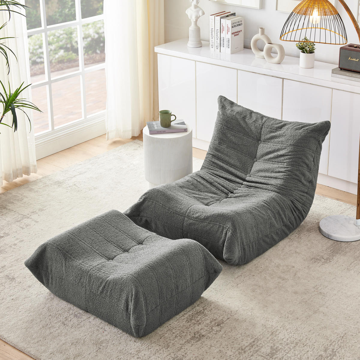 SCHLAFSESSEL mit Fußhocker Teddyfell Grau 2er-Set - Grau, Kunststoff (90/70/100cm) - Beauniv
