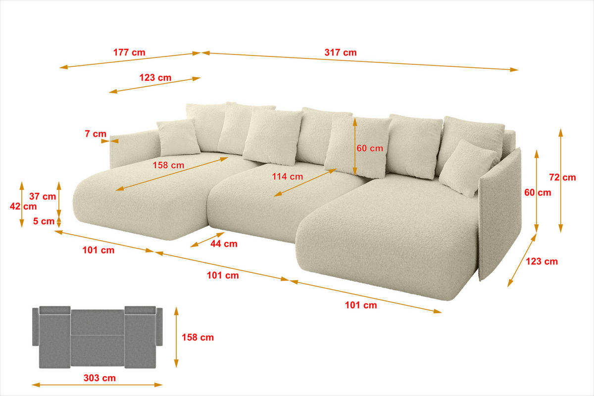 WOHNLANDSCHAFT mit Schlaffunktion und Bettkasten ONESK-U 317x177x72 Beige Bouclé - Creme, Holzwerkstoff/Kunststoff (317/72/177cm) - ALTDECOR
