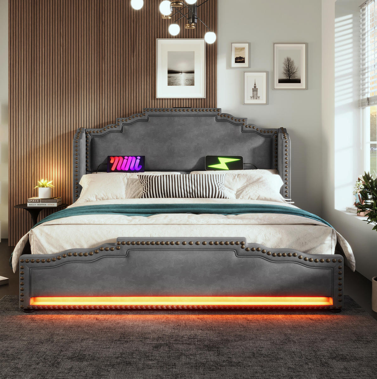 POLSTERBETT 140/200 cm mit 4 Schubladen, LED-Beleuchtung, USB- und Type-C-Anschluss, Samt, Grau - Grau, Textil (140/200cm) - Redom