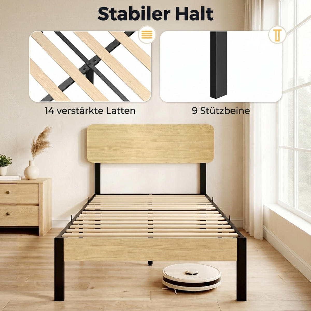 BETT 90/200 cm DE-32879 mit Kopfteil und Stauraum Schwarz - Naturfarben, Metall (90/200cm) - ComfortXL