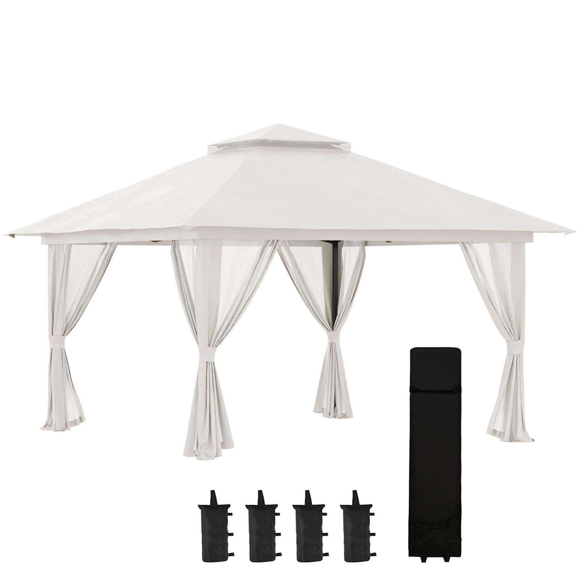 FALTPAVILLON 392/392/283 cm höhenverstellbar mit Doppeldach, UV50+-Schutz und Oxford-Polyesterdach, Cremeweiß - Weiß, Textil (392/283/392cm) - Redom