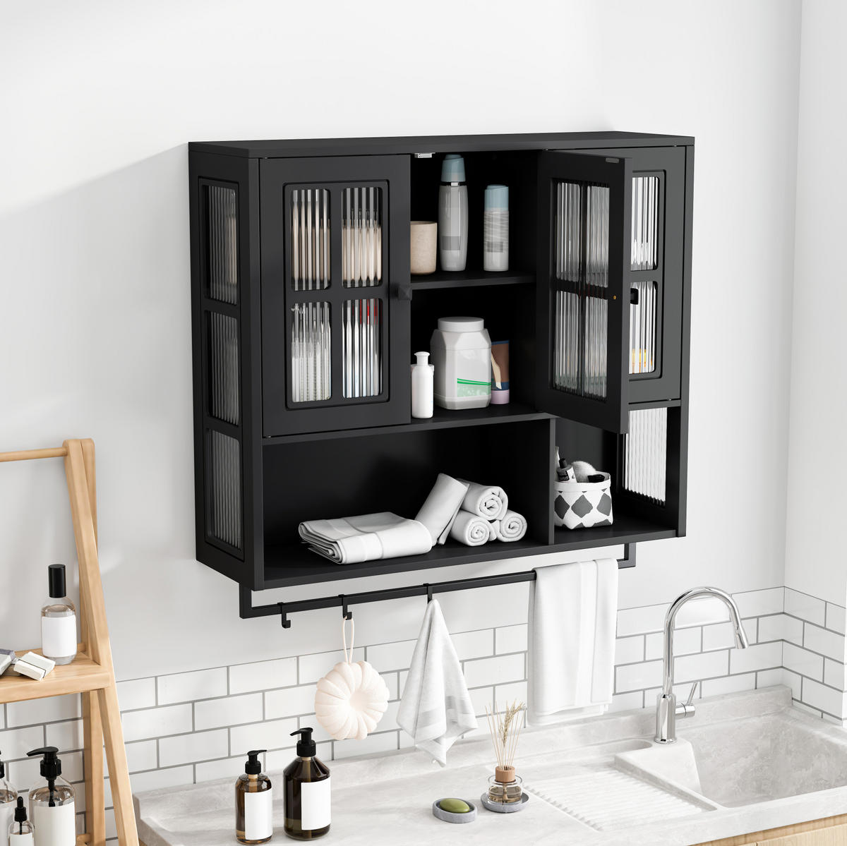 KÜCHENOBERSCHRANK 88x26x82.5 cm in Schwarz aus Sicherheitsglas mit geriffeltem Glas & Handtuchstange - Schwarz, Holzwerkstoff (88/82.5/26cm) - Modfu